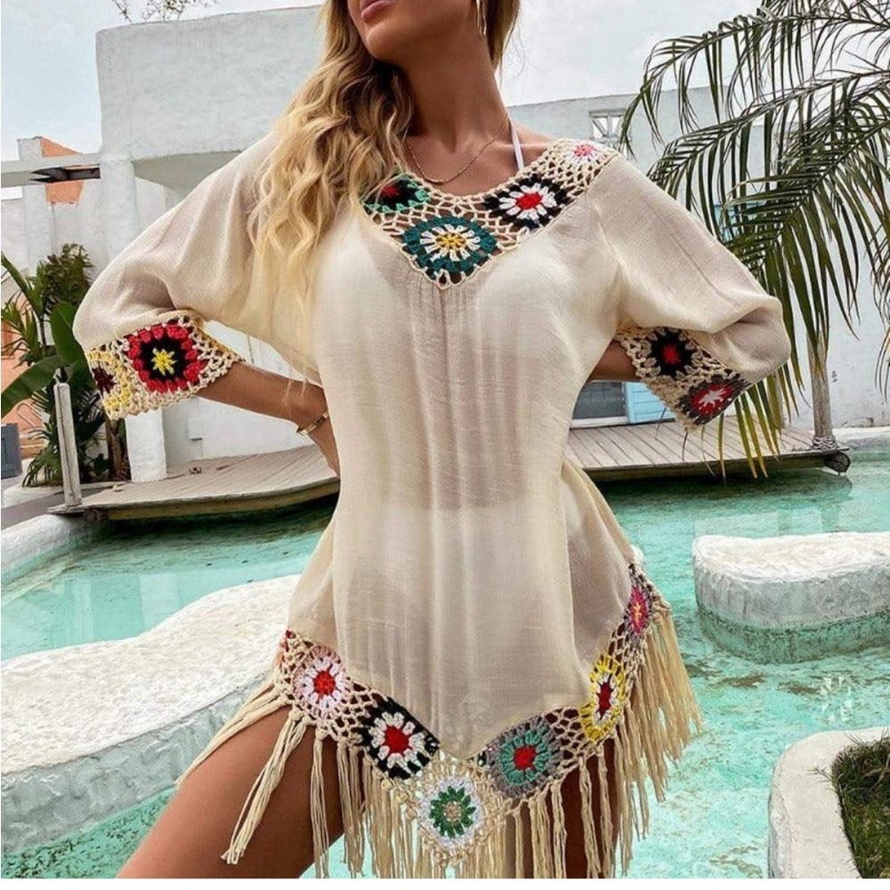 Boho Crochet fringe Trim Swim Embroidery Chiffon Swimsuit coverup granny square